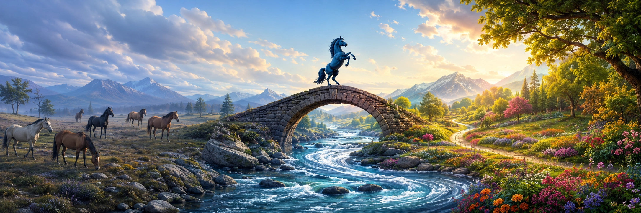 Horses journey across the Reading Bridge into a bright world filled with flowers