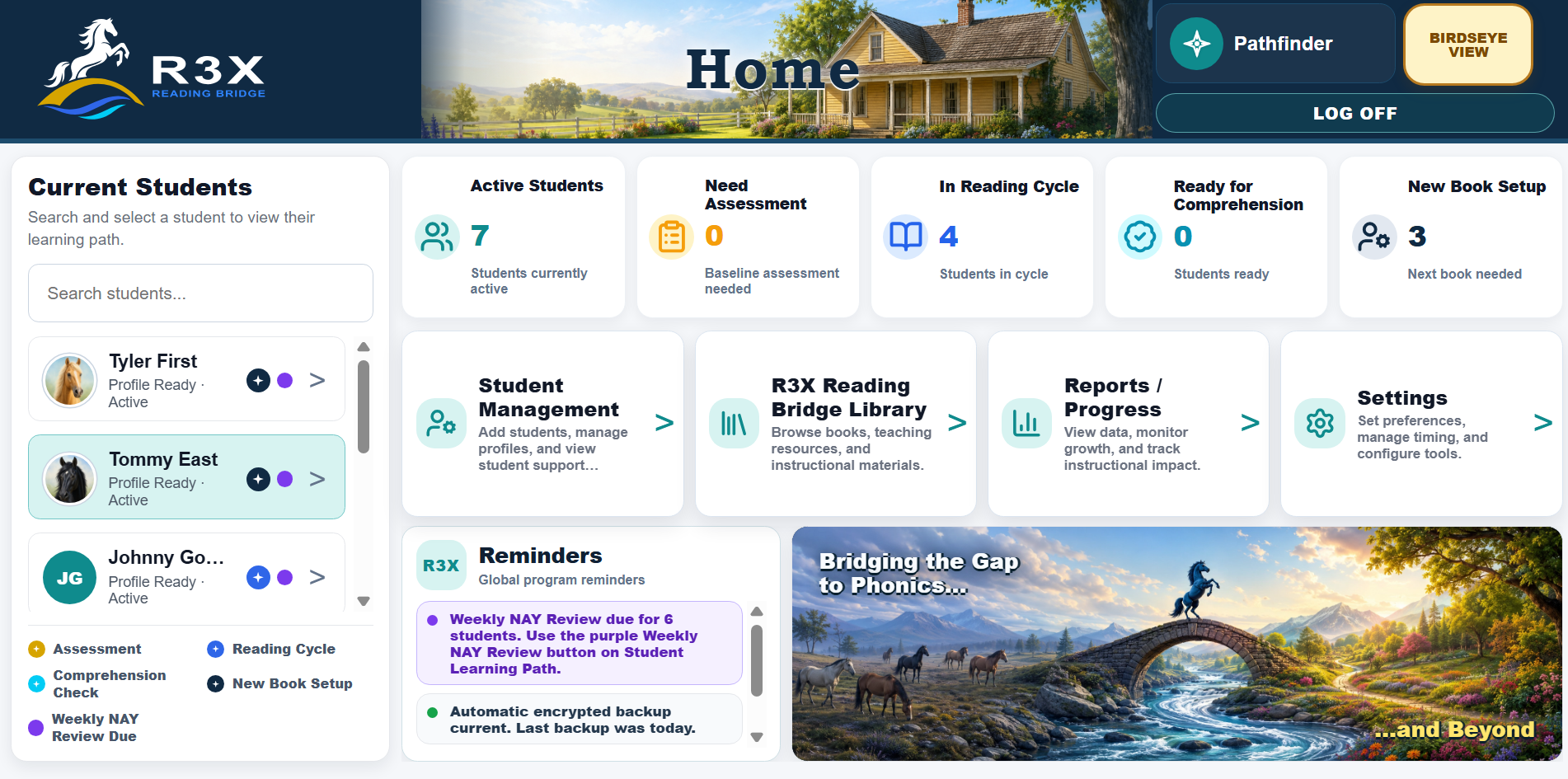 R3X Home Screen showing current students, instructional status, teacher tools, reminders, and the Reading Bridge artwork