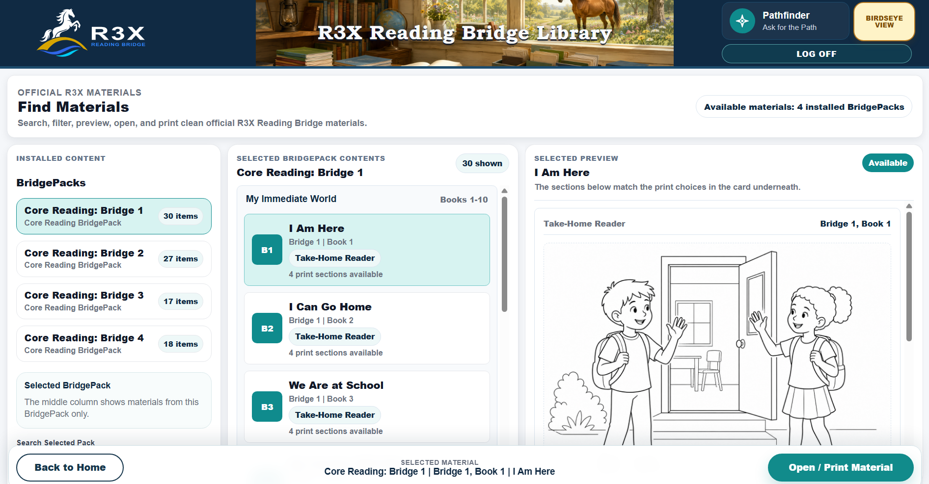 R3X Reading Bridge Library showing installed BridgePacks, selected books, and a printable reader preview