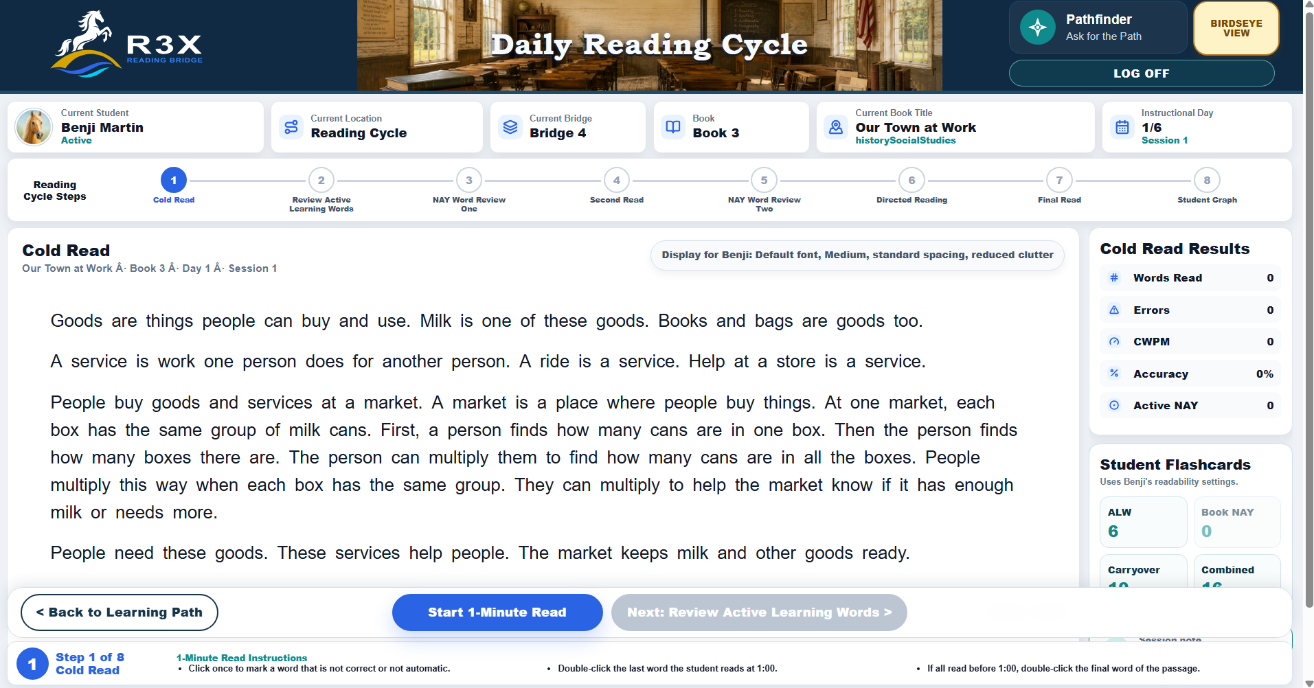 R3X Daily Reading Cycle Cold Read screen with cumulative connected text and live reading results