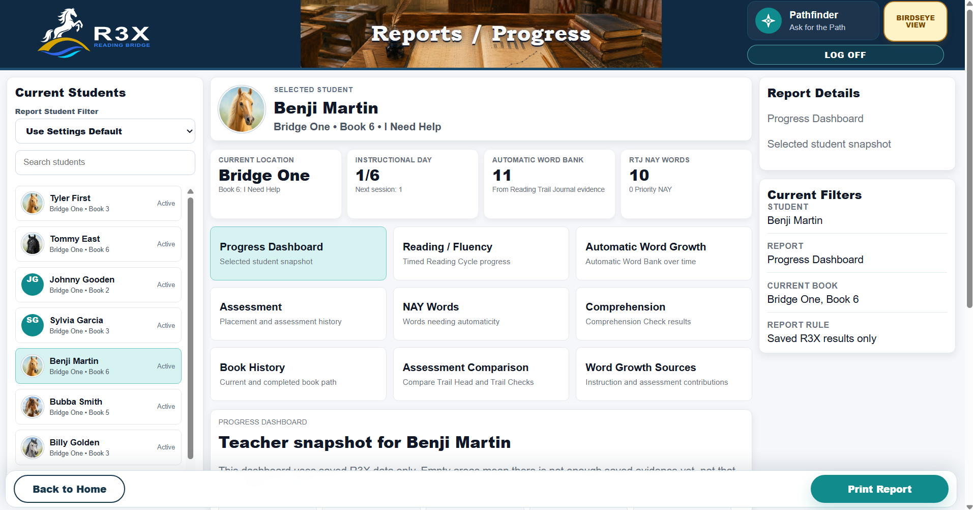 R3X Reports and Progress dashboard with student snapshot, Automatic Word Bank, NAY Words, fluency, assessment, and comprehension reports