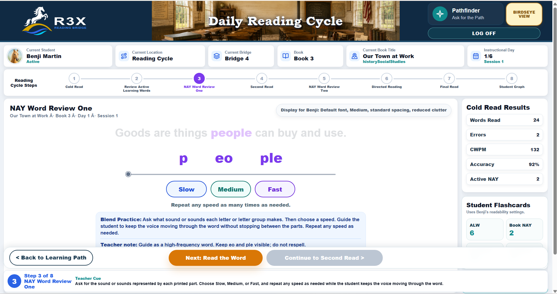 R3X NAY Word Review showing the word people divided into sound parts with Slow, Medium, and Fast blending controls